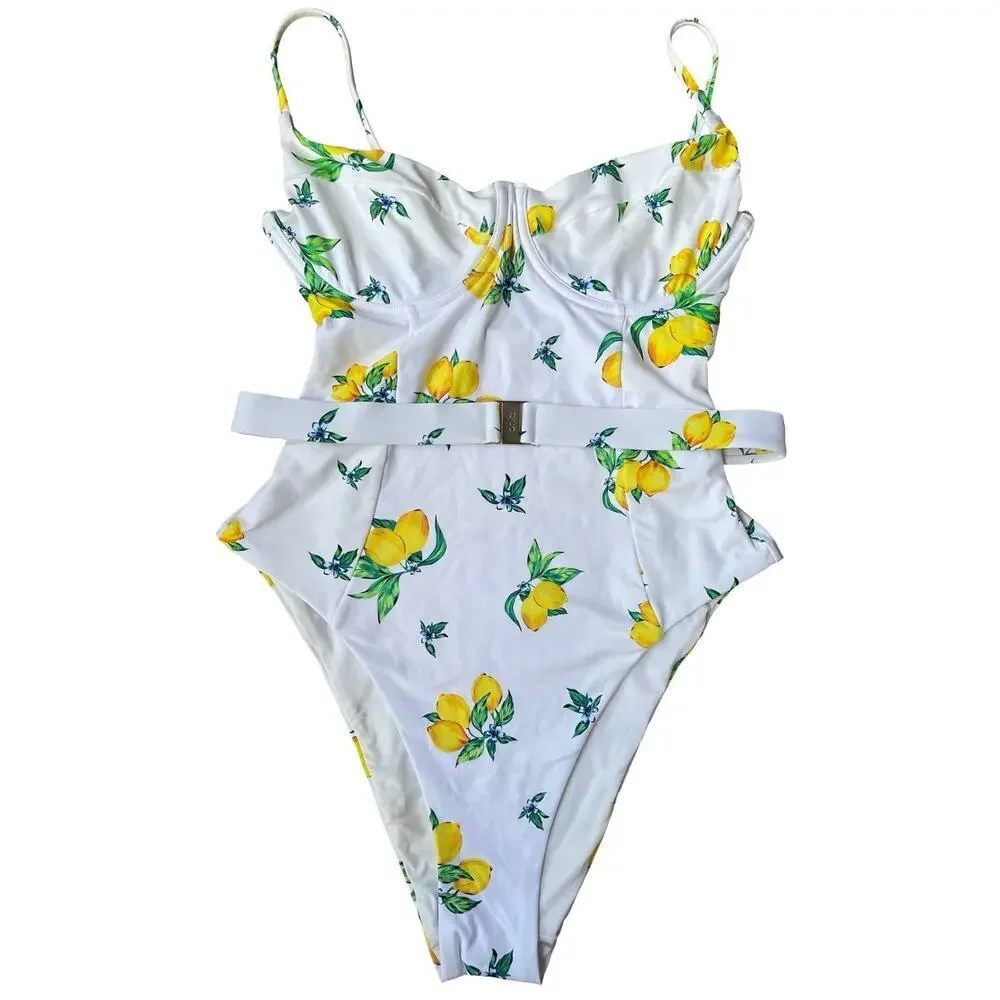 Onia x WeWoreWhat Danielle Lemon Print Belted One Piece Swimsuit – Size Medium - Picture 6 of 16